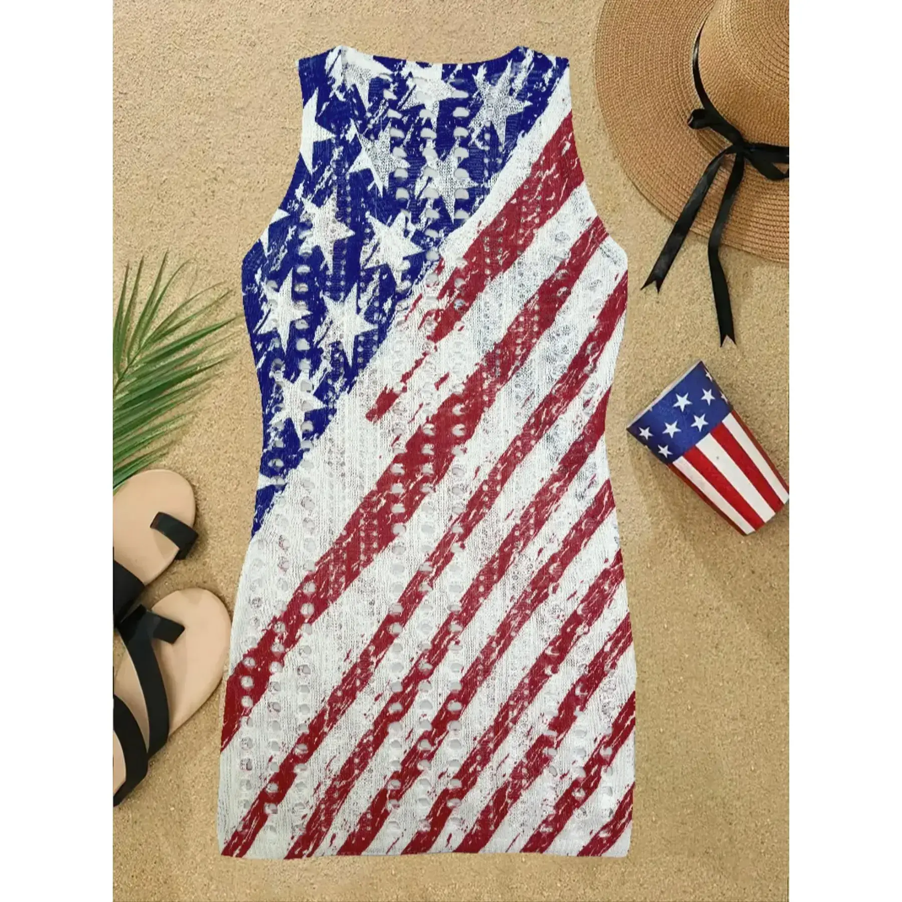 Women's American flag pattern hollowed out slit thigh July 4th vest, summer casual low round neck sleeveless A-line dress, casual wear, summer casual sun skirt, casual dressRAIMENTRY Women's American flag pattern hollowed out slit thigh July 4th vest, summer casual low round neck sleeveless A-line dress, casual wear, summer casual sun skirt, casual dressRAIMENTRY