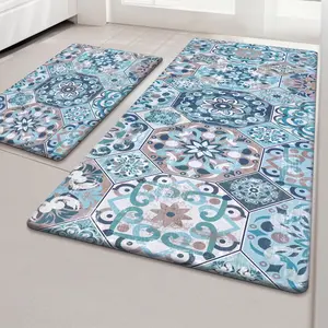 Meyjey Boho Kitchen Rug Set of 2 Non-Slip Anti-Fatigue Waterproof Cushioned Mat for Kitchen Dining & Laundry Room 18"X30+18"X48" Blue Teal PVC Foam OEKO-TEX Certified