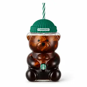 Starbucks 20oz Bear Shaped Iced Coffee Cup with Green Ribbed Lid and Reusable Striped Straw, Clear Cute Tumbler for Cold Drinks, Tea, Juice, Smoothies, Gift Cup for Women, Kids, Home, Office, Travel and Daily Use Pendants and Decorations