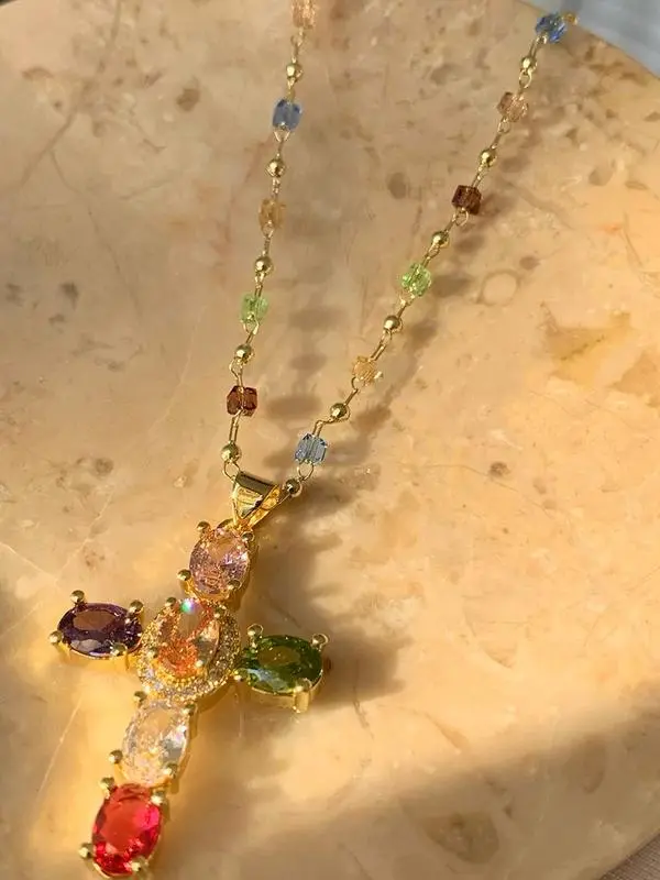 September Easter Rainbow Cross Pendant Necklace - Dainty Multicolor Faith Cross Necklace,Vintage Glam & Y2K Vibes for Women Girls,Colorful Sparkle Perfect for Daily Outfits Church & Festivals Valentine’s Day gift