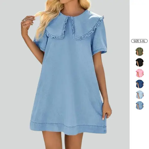 Imily Bela Womens Summer Denim Mini Dress Oversized Peter Pan Collar Short Sleeve Casual Flowy Babydoll Jean Dresses