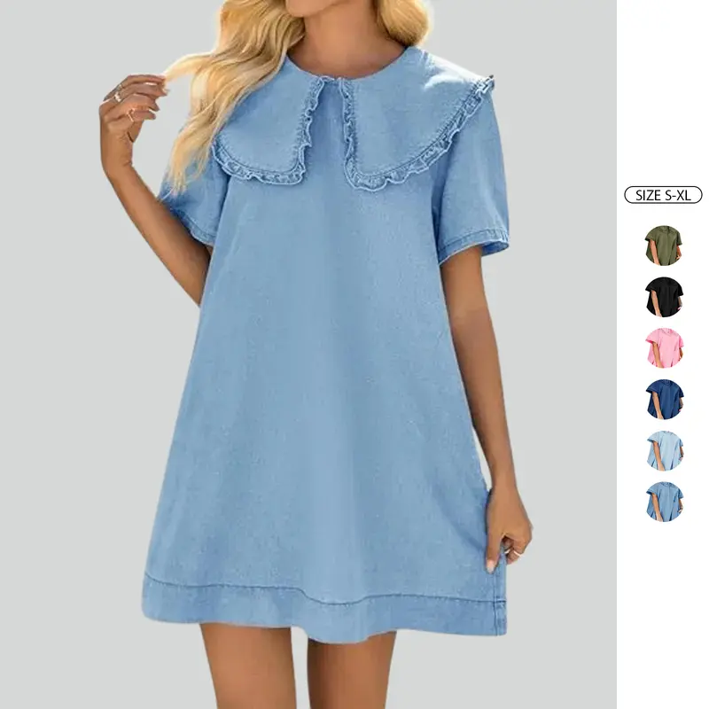 Imily Bela Womens Summer Denim Mini Dress Oversized Peter Pan Collar Short Sleeve Casual Flowy Babydoll Jean Dresses