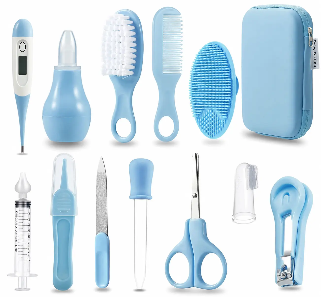 Baby Grooming Kit & Baby Healthcare - Baby Safety Set Comb, Brush, Finger Toothbrush, Nail Clippers, Scissors, Nasal Aspirator - Nursery Care Kit Pink/Blue