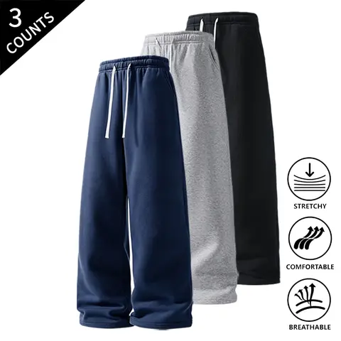 Men's 3-Pack Basic Soft Straight-Leg No Cuff Jogging Sweatpants - Elastic Waistband with Drawstring, Highly Stretchy Breathable Loose-Fit Loose Athletic Pants for Gym & Everyday Wear