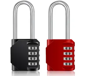 Padlock 2 Pack, Long Shackle Combination Lock for Gym Locker, 4.53" Overall Height, 2.62" Shackle Height, 4 Digit Outdoor Weatherproof Padlock Coded for Fence, Gate, Shed, Toolbox (Black & Red)