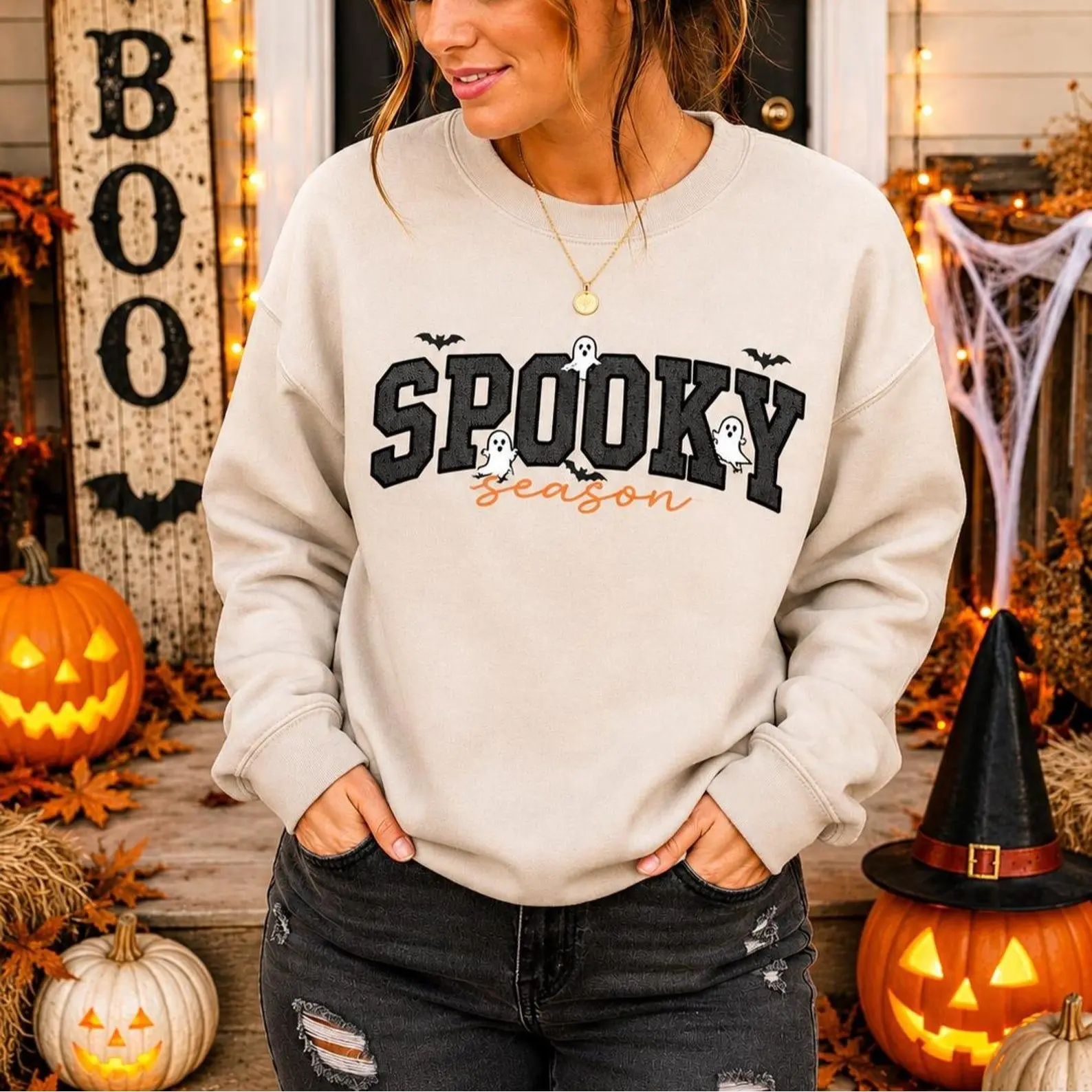 Spooky Halloween Glitter Embroidered Sweatshirt, Unisex Crewneck & Hooded Sweatshirt, Women's Halloween Gift, Trick-Or-Treat