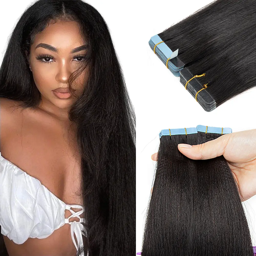 Women's Light Yaki Straight Tape-In Human Hair Extensions, 20pcs/Set, 12-22in, Invisible Double-Side Tape, Bouncy & Smooth Straight Strands for Sleek Looks, Easy to Remove & Replace