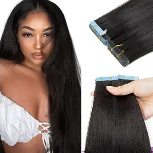 Light Yaki Straight Tape In Hair Extensions 20pcs/set Invisible Double Side Tape in Human Hair 12-22 inch Easy Remove and Replacement for Women