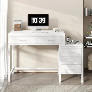 Versatile 5-Drawer Computer Desk with Printer Stand, Retro Industrial Writing Desk for Home Office, Study, Living Room, Bedroom – Ample Storage Workstation with 2 Desk Drawers + 3 File Cabinet Drawers, Sturdy Metal Frame