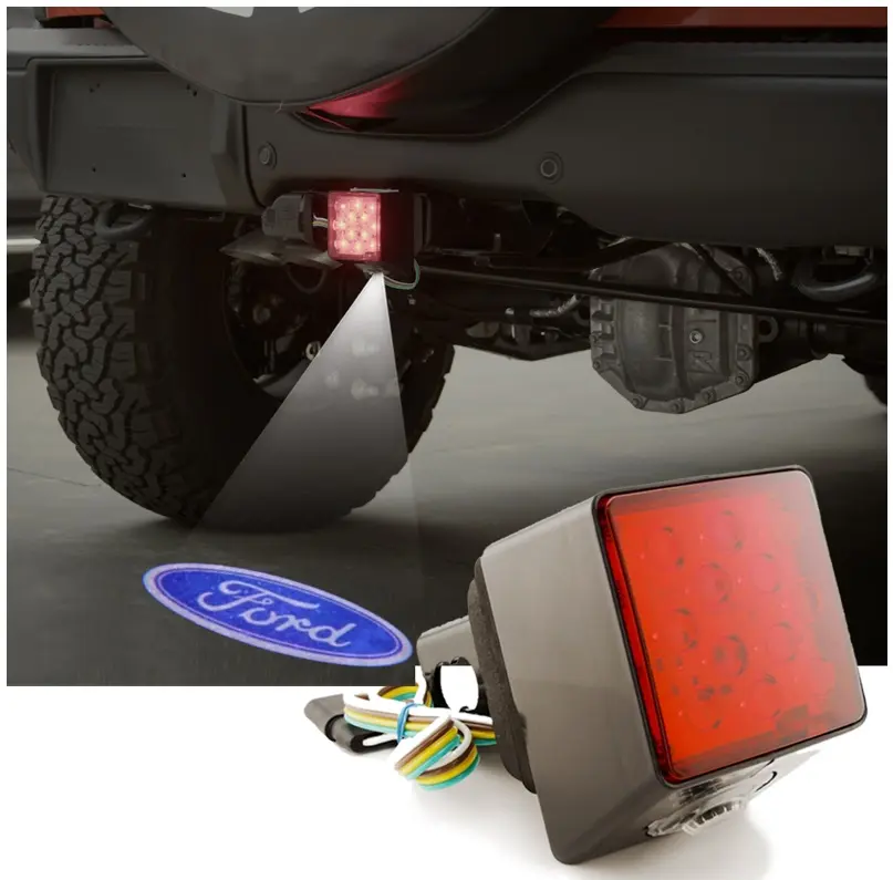 2-Inch Ford Compatible Trailer Hitch Cover with LED Projector Puddle Light/Running Light - a Unique Tow Hitch Cover for Trucks, (FRD-1)
