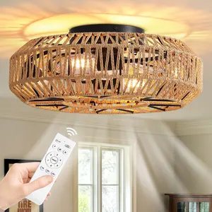 19 In Rattan Low Profile Ceiling Fan With Lights Remote Control, Flush Mount Ceiling Fan Light Kit For Bedroom Kids' Room Modern Mood Lighting Ambient Night Lamp