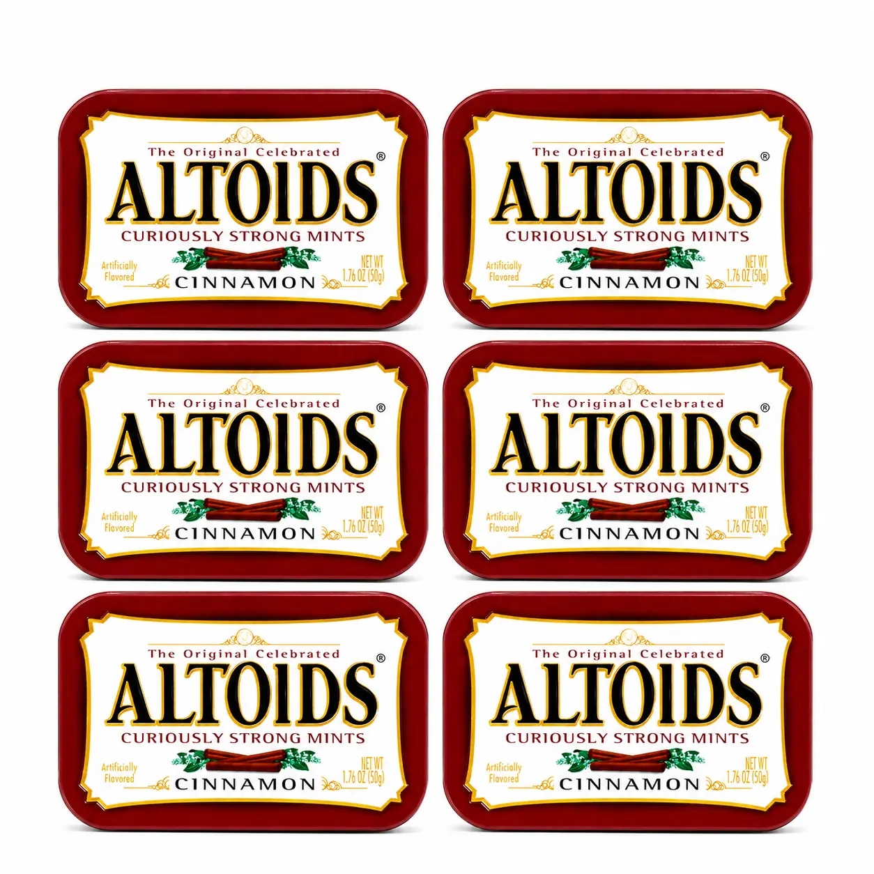 Altoids Curiously Strong Cinnamon Flavor Mints - Bulk 6 Metal Tins, 1.76oz Each - Sweet-Spicy Candy with Red 40, Gum Arabic, 1.76 Oz