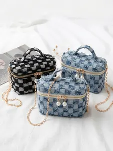 Women's Mini makeup bag,Featuring a Geometric Pattern and Denim-Style Design. A Compact, Box-Shaped Pouch that Doubles as a Cute, Stylish Crossbody Bag. Ideal for Use as a Wallet or Handbag. Adorned with a Metal Chain Strap. Perfect for Home Use