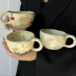 Cute Irregular Shaped Ceramic Coffee Cup, Drinking Tea Cup, Floral Creative Design, High-Quality Breakfast Juice Milk Mug, Perfect for Restaurant Home Party