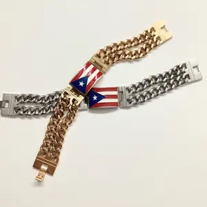 Puerto Rico Stainless Steel Men's Bracelets - Elegant Doble Chair Cuban Link in Silver & Gold Tones 9" Long 1" Wide Classic Look