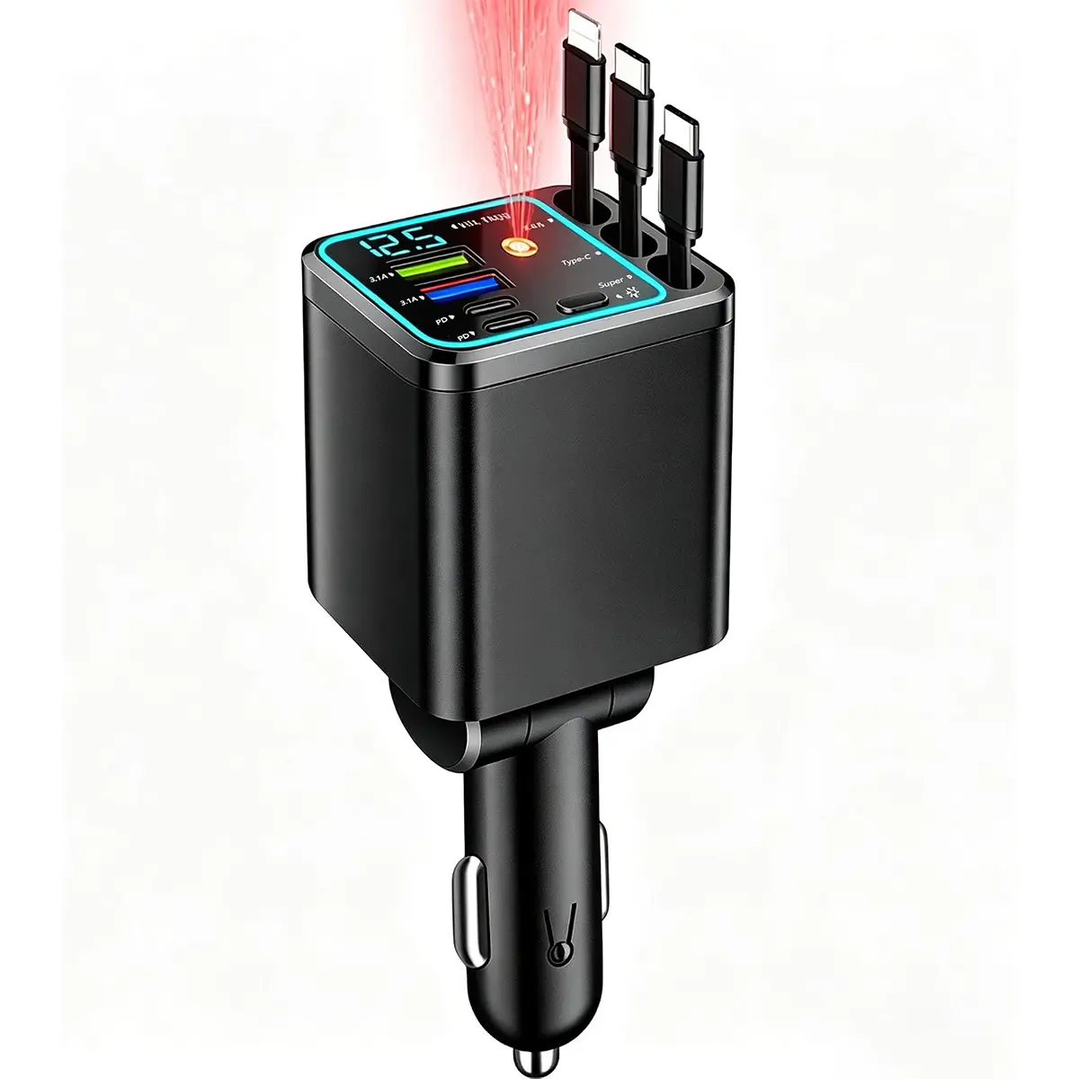 2026 New 7-in-1 Fast Vehicle Charger with 3 Retractable Cables & Voltage Display, Clutter-Free Charging Hub for Cars, SUVs & Trucks