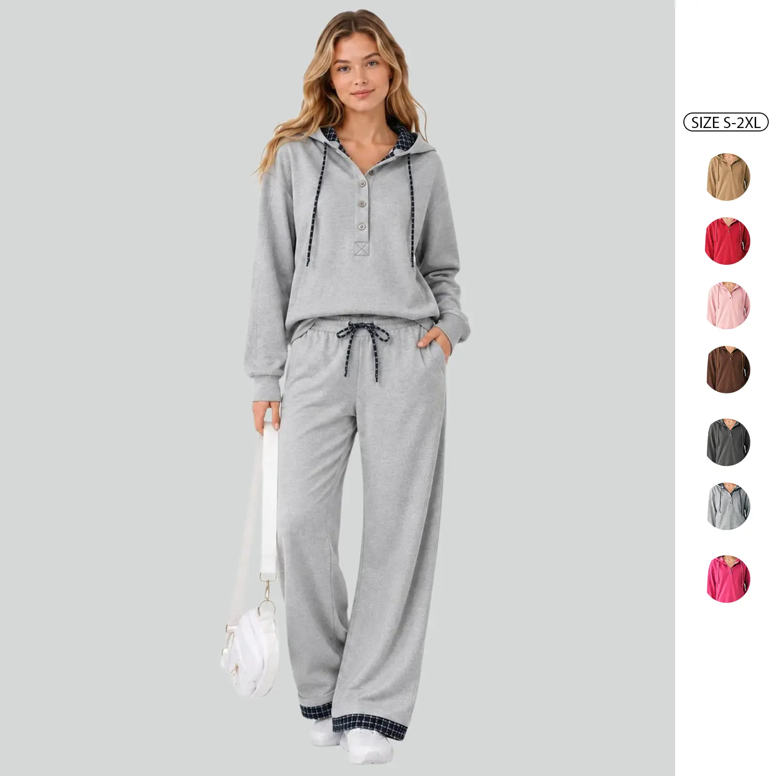 Imily Bela Women's 2 Piece Outfits Set Plaid Detail Hoodie and Wide Leg Sweatpants Matching Lounge Sets