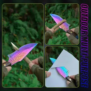 Color titanium handle meat knife, anti-slip grip - Camping, barbecue, kitchen knife - Portable fixed blade survival tool, multi-functional outdoor cooking, wear-resistant texture handle, high quality craftsmanship, suitable for camping