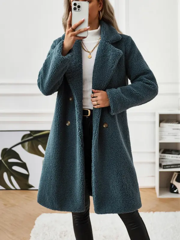 Women's Solid Button Front Lapel Neck Fuzzy Coat, Casual Warm Long Sleeve Coat for Fall & Winter, Women's Clothing for Daily Wear 0