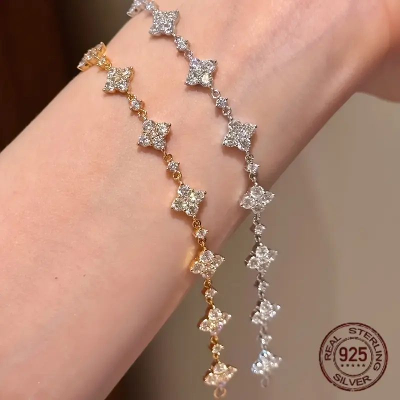 Elegant French Vintage 925 Silver Women'S Bracelet with Synthetic Zirconia - 18K Golden Plated, Four-Leaf Clover Design, Perfect for Weddings & Valentine'S Gifts bracelet stack friendship bracelets bangles bracelets charm bracelets cute jewelery