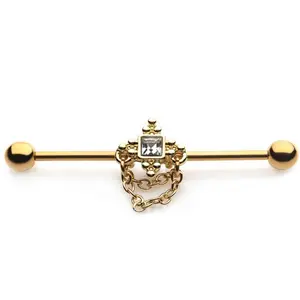Gold PVD Square Gem Chained Industrial Barbell Gold PVD Square Gem Chained Industrial Barbell