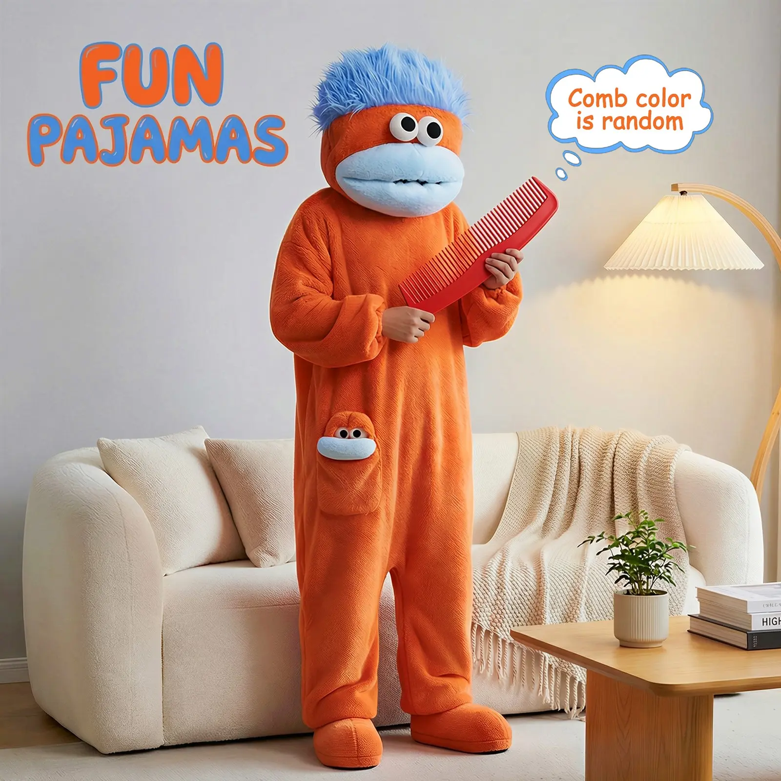Fun Onesie Set, Comfortable Sleepwear Loungewear Home Clothes with Hat, Cute Monster Party, Soft Flannel Pajama - 3 Piece Set Includes Robe + Comb + Shoes Pajamas