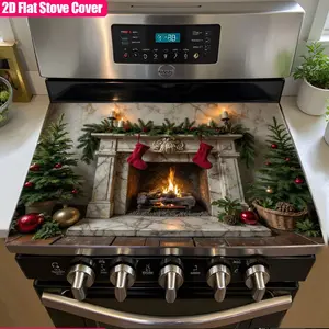 1 electric stove cover with realistic fireplace, burning flames, stockings, and Christmas tree decoration - heat-resistant and scratch resistant glass door design, anti slip bottom, compatible with gas/electric stoves, diatomaceous earth oven mat