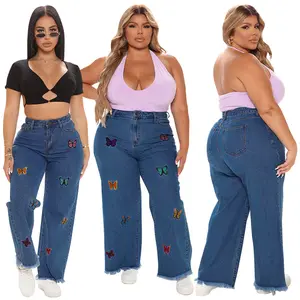 Women's Plus Size Denim  Butterfly Full Length Straight-Leg Plus Size High Waist Denim  Comfort  Clothing Fit Jean