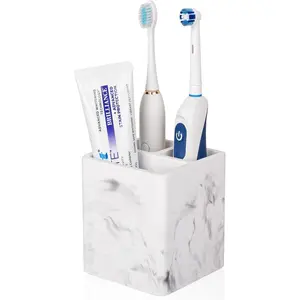 Toothbrush Holders for Bathrooms, Electric Toothbrush and Toothpaste Holder 3 Slots Tooth Brush Organizer for Bathroom Countertop, Shower, Vanity - Marble White