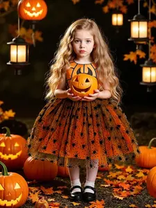 Halloween Girls' Costume, Pumpkin Batman Print Dress, Makeup Ball, Playing Little Batman+Pumpkin Tote Bag and Spider Headband Set,All Seasons Wear
