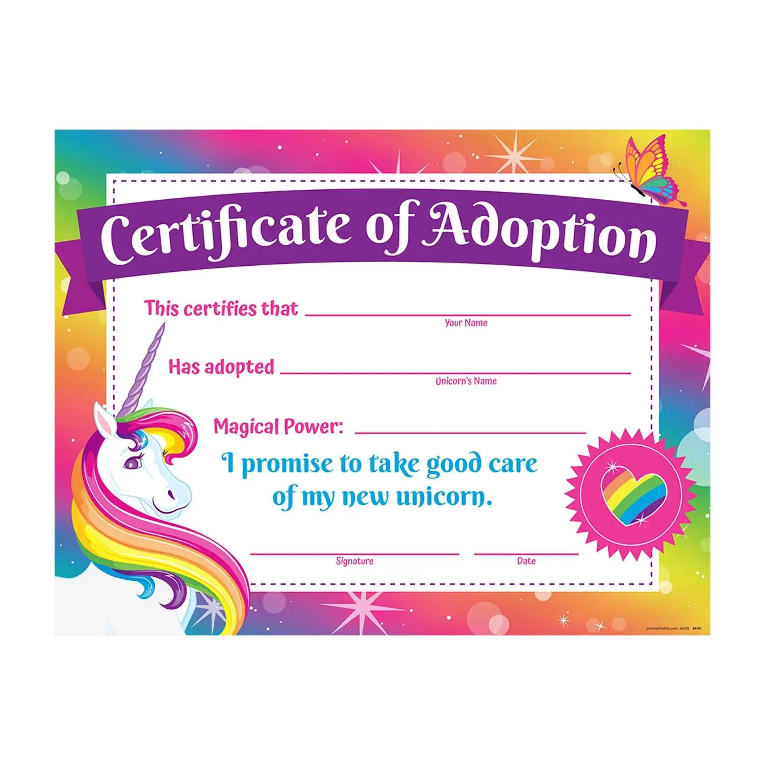 Unicorn Adoption Certificates, Birthday, Stationery, 12 Pieces