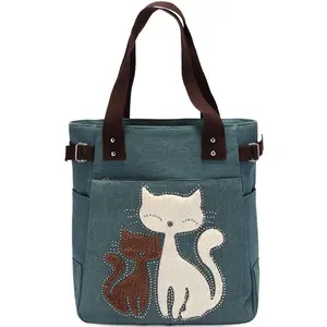 KAUKKO Cute Cat Totes Women Canvas Handbags
