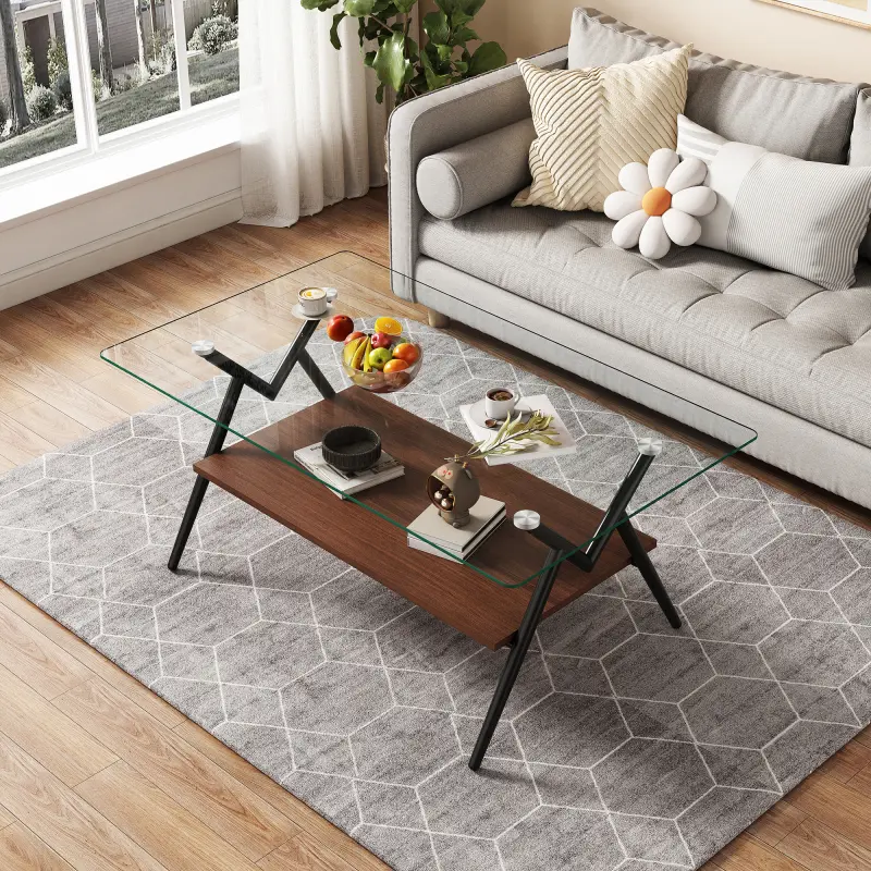 Modern Rectangle Tempered Transparent Glass Top Coffee Table with Black Metal & Wood Legs - Easy Assembly Modern Accent Table, Assembly Required, for Living Room Indoor Furniture