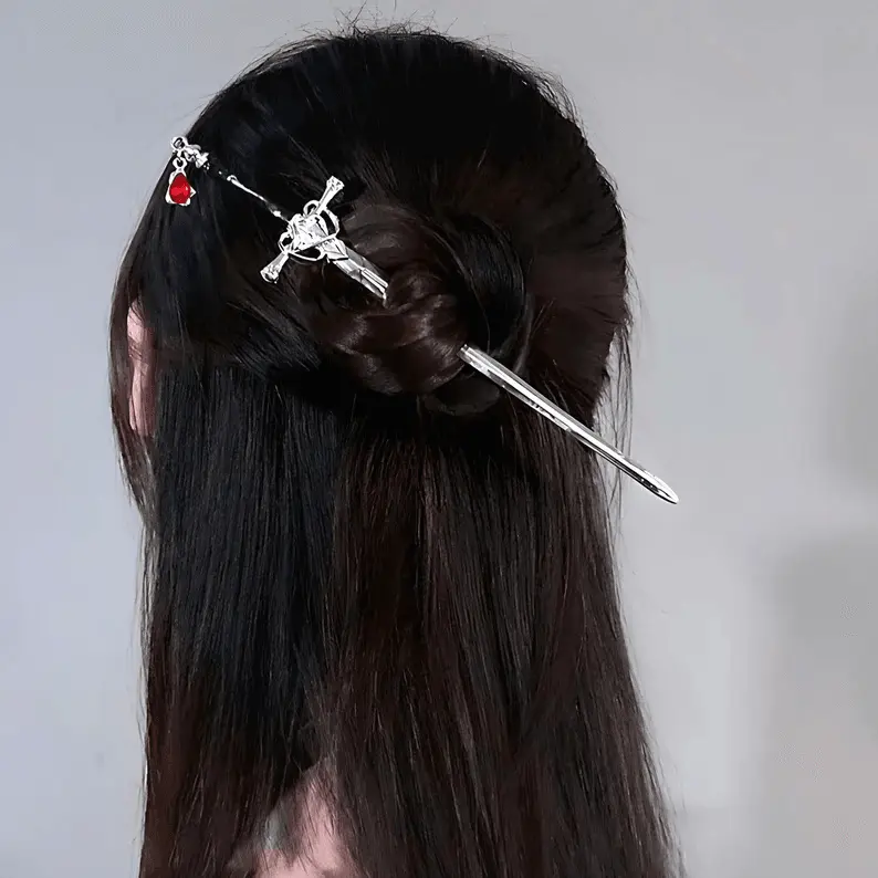 Silver Sword Hair Stick by WillowUS - Chinese Hairpin Eastern Jewelry - Black w/ Red Crystal - Cute Luxury Gothic Fantasy Hair Accessory