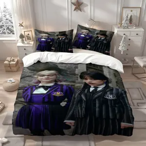 3Pcs Rave'n Dance Wandinha Adams and Ennid pattern bedding three-piece set, duvet cover and pillowcases, multi-color printing, suitable for all seasons, ideal for home and guest rooms, suitable for family, 1 Duvet Cover + 2 Pillowcases (No Insert)