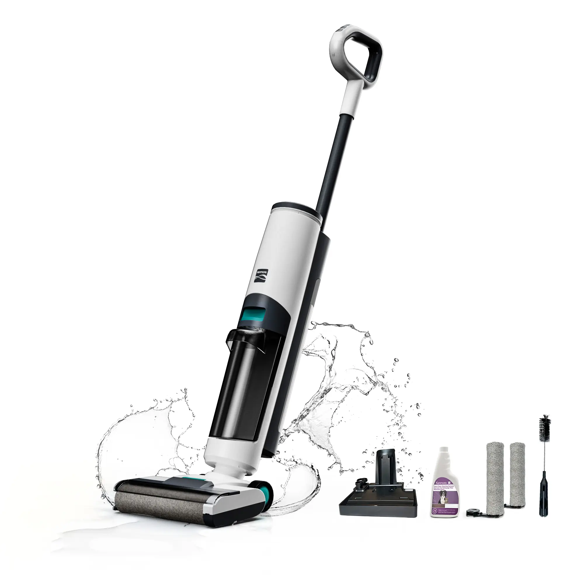 Kenmore HF5010 AquaLite 3-in-1 Cordless Handheld Combo Wet-Dry Vacuum Hard Floor Cleaner - Battery-Powered, 35mins Runtime, Water Tanks, LED Display, Brushroll, 1-Edge Self-Cleaning Mop, Automatic Air-Drying, Multi-Surface Use, White, Dual-Action, Cordles