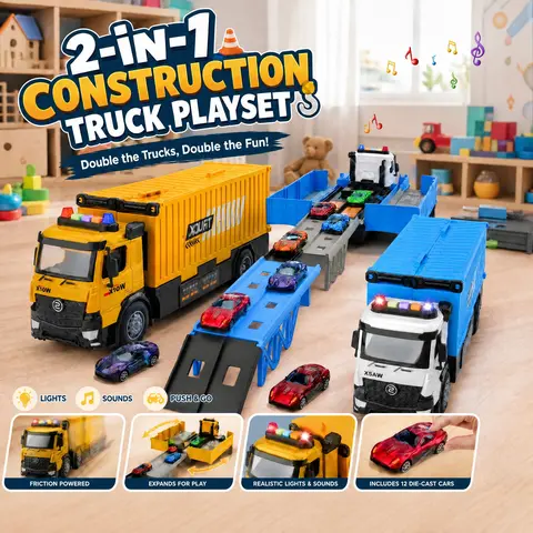 Foldable 3-Tier Container Truck Track Toy Set toy truck transport car carrier, Model Toy Vehicle Transport Set with Sound & Light Effects, 6 Die-Cast Cars, Christmas/Birthday Gifts for 3-8+ Years Old Boys & Girls - Blue