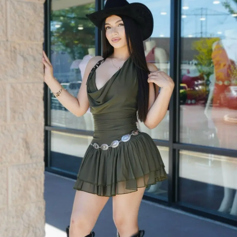 Western Ruffle Halter Mini Dress with Built-in Shorts