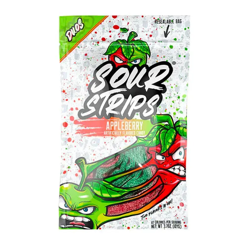 Candy Coated Sour Strips Duos - Tart Sour Flavors AppleBerry, Adult Casual Snacks, Party Sweets and Desserts Treat (3.4oz)