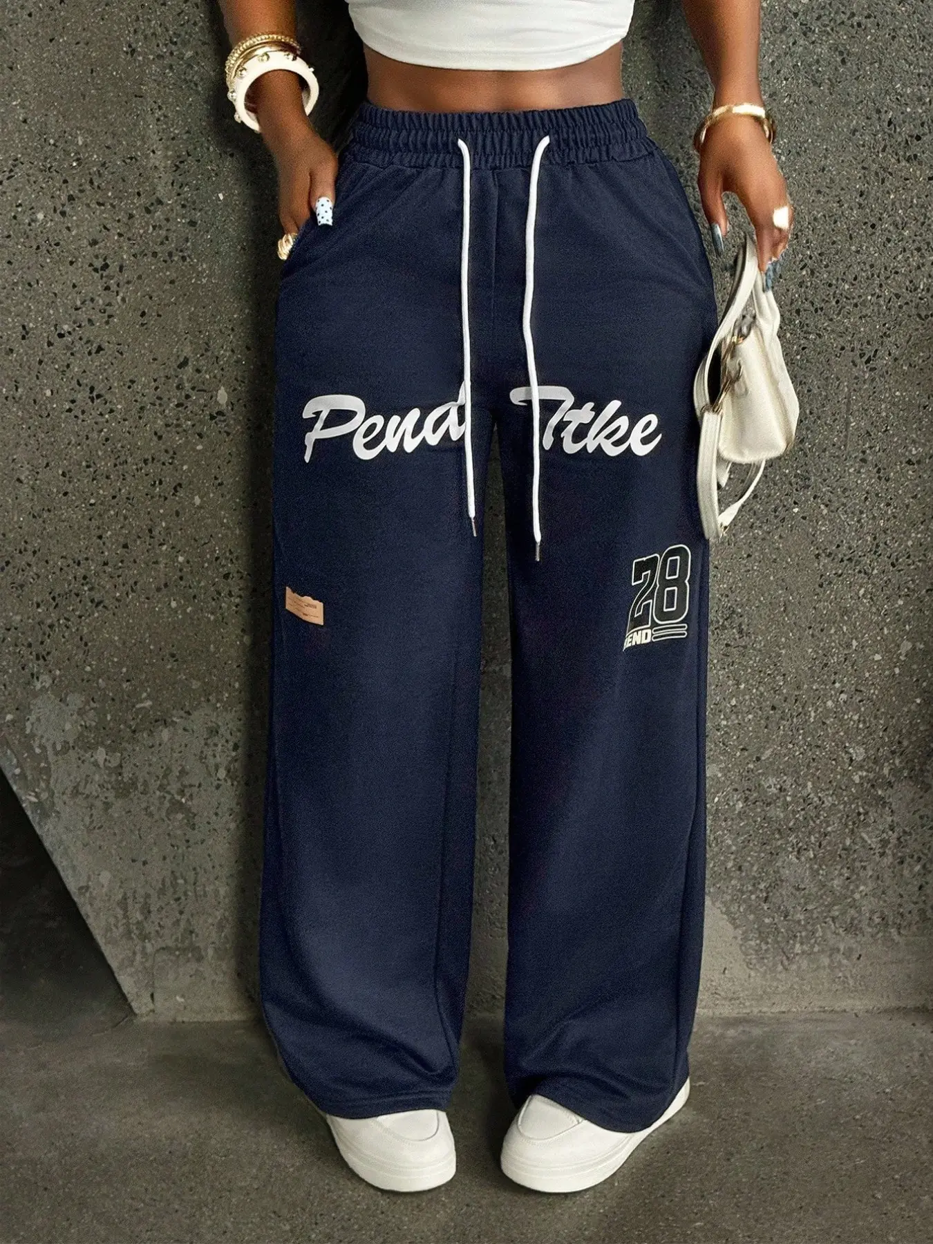 Letter Print 28 Number Wide Leg Sweatpants for Women Y2K Streetwear Casual Loose Fit Track Pants Elastic Waist Drawstring Soft Fabric Comfy Trousers for Daily Outings Street Style Fashion Trendy Outfit Workout Lounge Wear Casual Daily Streetwear Fashion S