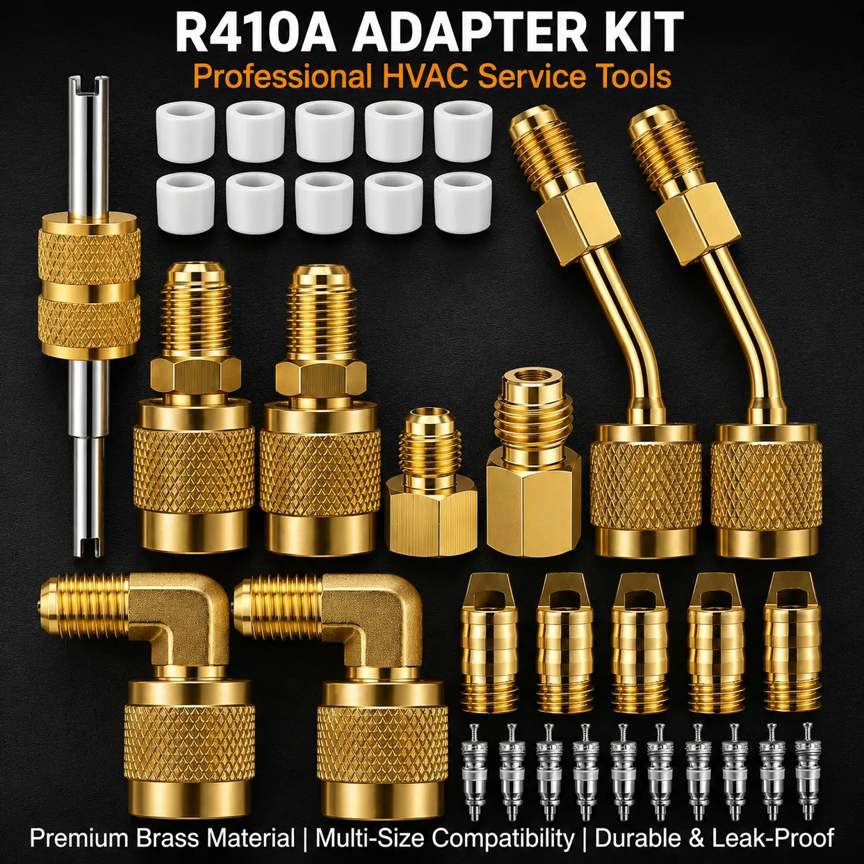 Brass 34-Pcs R410a Mini Split Adapter Kit - 45°/90° Refrigerant Hose Connectors, 5/16'' Female to 1/4'' Male Fittings, 1/2'' to 1/4'' Tank Connector with Valve Core Remover Thimble for Split Systems