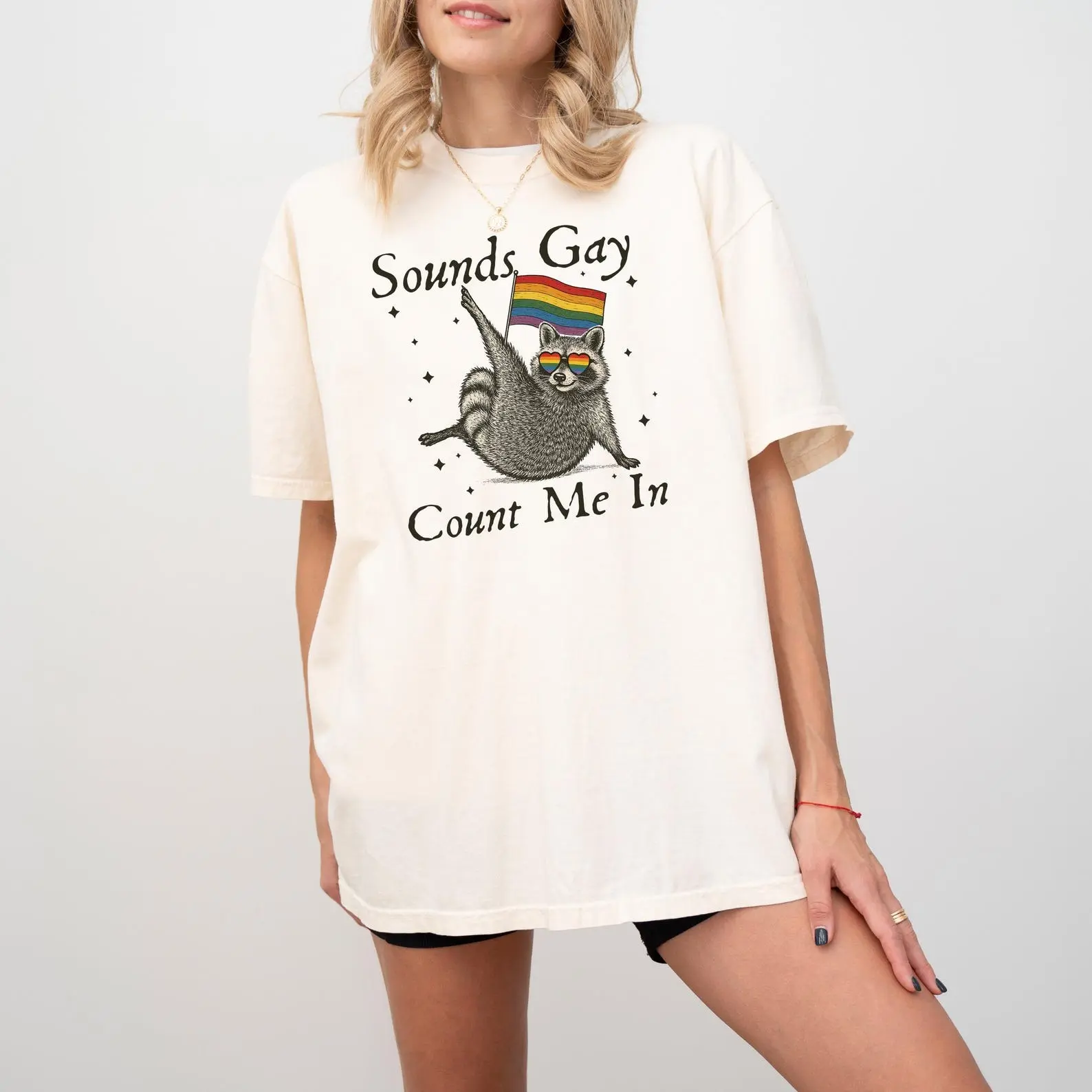 Sounds Gay Count Me In TShirt – Funny Pride Raccoon Tee, LGBTQ+ Ally Graphic T-Shirt, Cute Rainbow Animal Unisex Top, Pride Month Outfit, Full Colors
