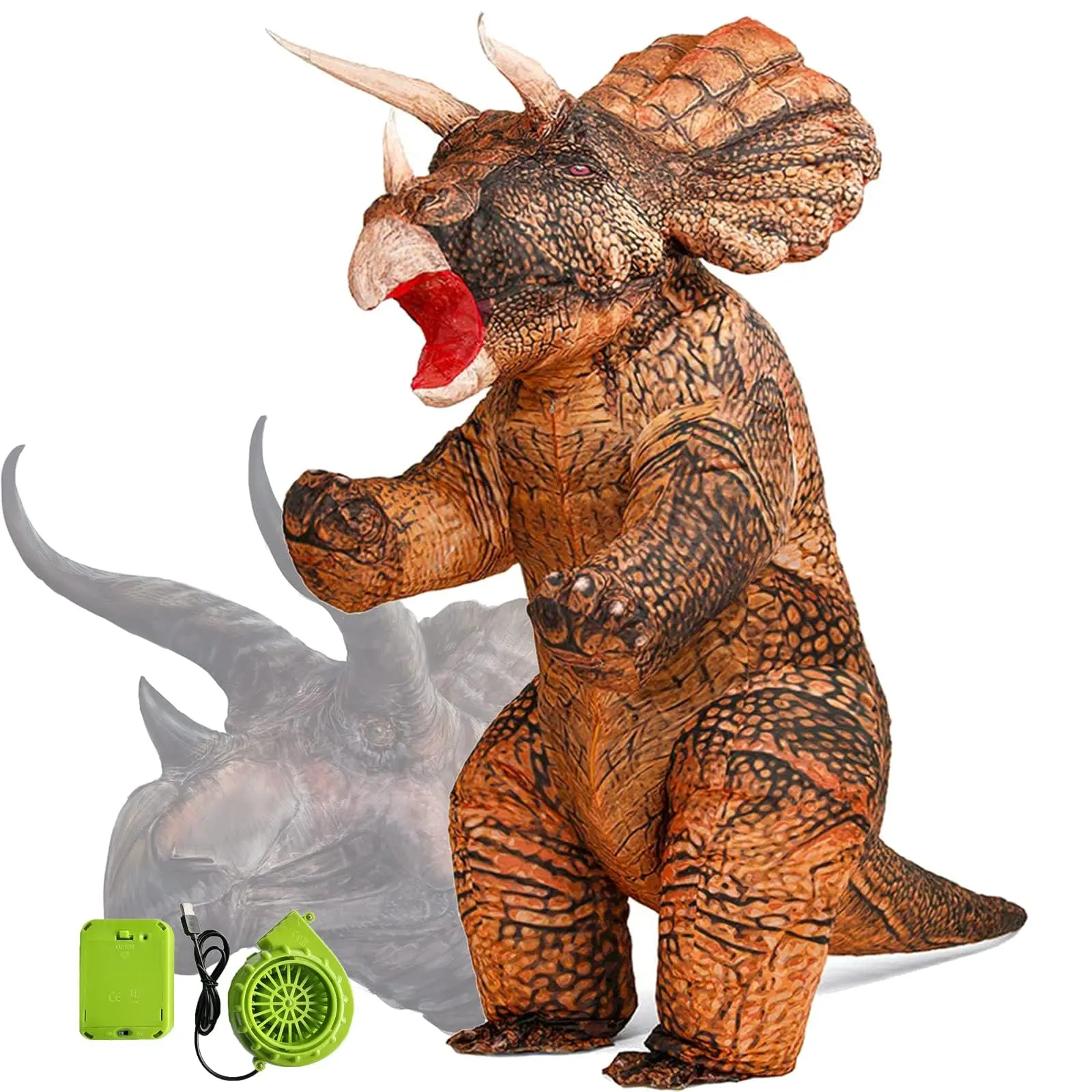 Women's Triceratops Dinosaur Inflatable Costume Suit - Fitted, Comfortable Women's Clothes for Halloween, Party; Waterproof Poly, Roomy Cut, Zipper Closure, USB Fan Power, Battery Box (Batteries Not Included), Accessories Dinosaur Outfit Cosplay