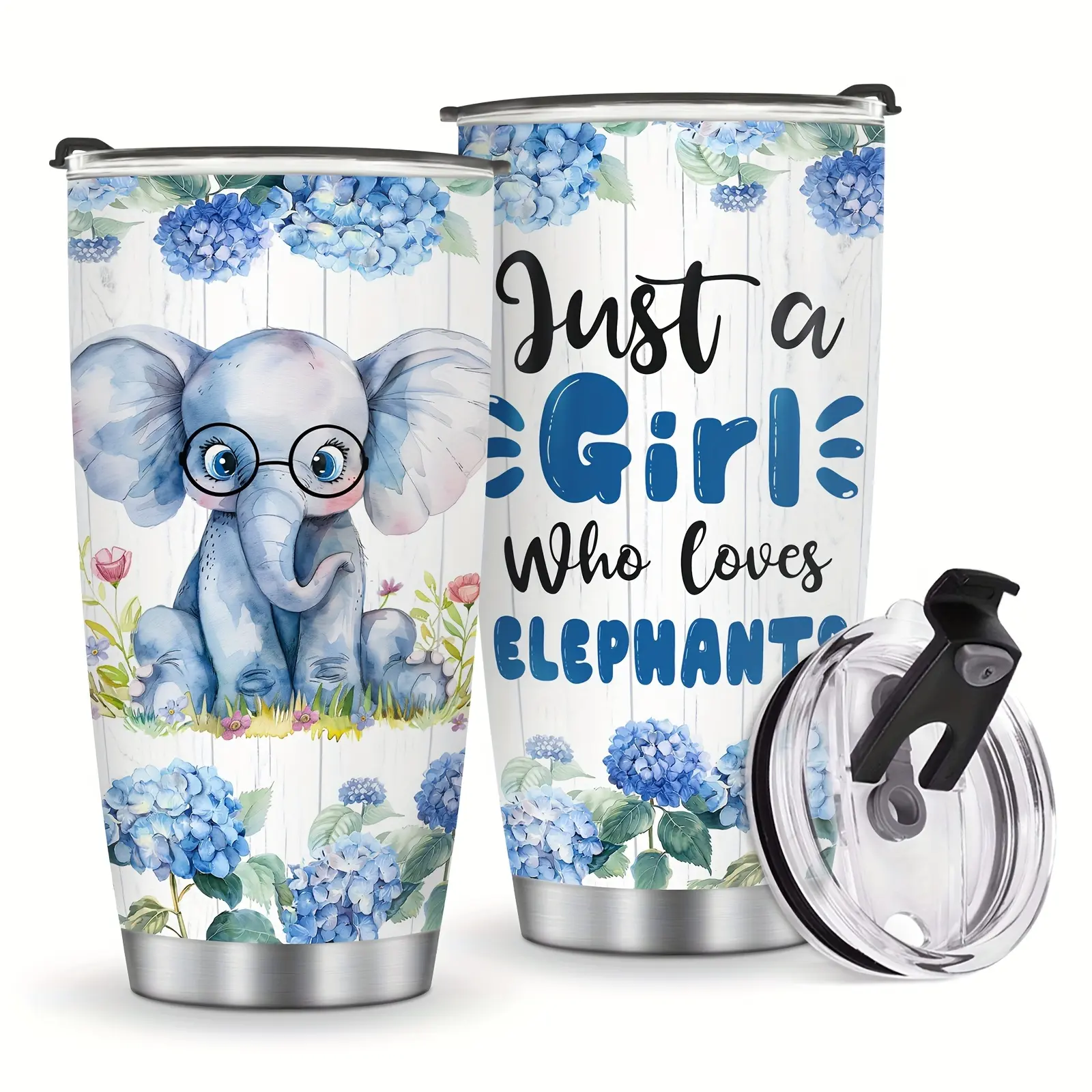 20oz (500-1,000 ml Range) Double Wall Insulated Stainless Steel Elephant Lover Tumbler Bottles - "Just A Girl Who Loves-" Design, Leak-Proof Lid, Straw, Portable Outdoor Coffee Tumbler for Adults, Camping Gift, Great Gift for Women