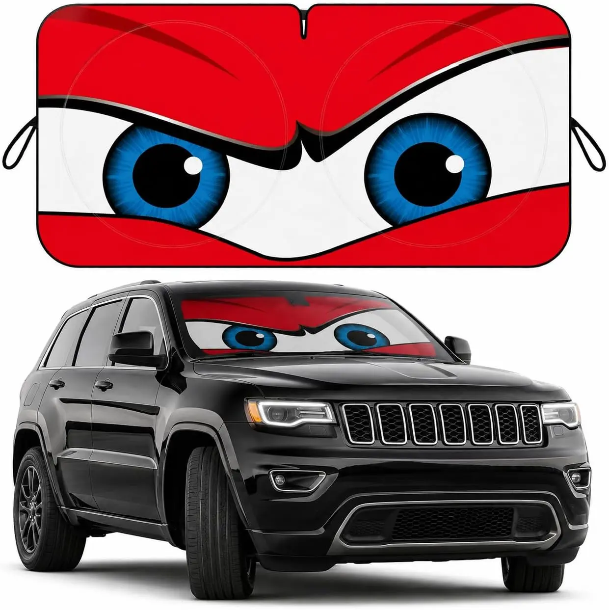 Car Windshield Sun Shade with Funny Cartoon Eyes, Foldable Design, UV Protection, 59.1 x 27.6 in easy fold semi-truck