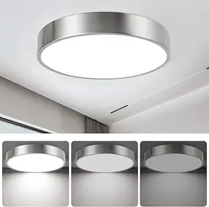 ENATECLITE 13inch Dimmable Round Bathroom Ceiling Lighting Fixture, Overhead Polished Brushed Nickel Bedroom Ceiling Lights, Low Profile Led Chrome Flush Mount Light, 26W, 3000K, ETL Listed
