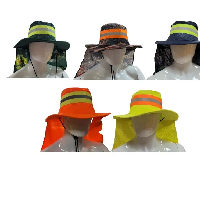 Hi Viz Bucket Hats , Wide Brim Sun Protection, Reflective Tape, Mesh Back Ventilation, Fishing & Construction Outdoor Wear