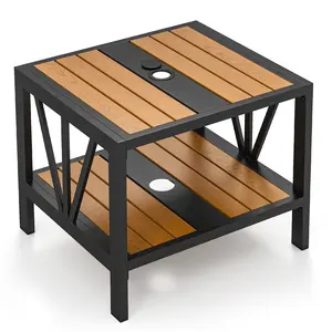 COSTWAY - Outdoor Side Table with Umbrella Hole and Storage Shelf for Porch