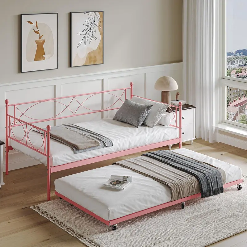 Twin Daybed with Trundle, Day Bed with Trundle Bed Twin, Twin Size Mattress Foundation with Steel Slat Support for Kids Teens Adults Living Room, No Box Spring Needed,Pink