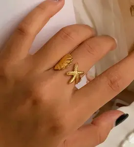Stainless Steel Waterproof 18K Gold Plated Open Starfish and Seashell Ring.